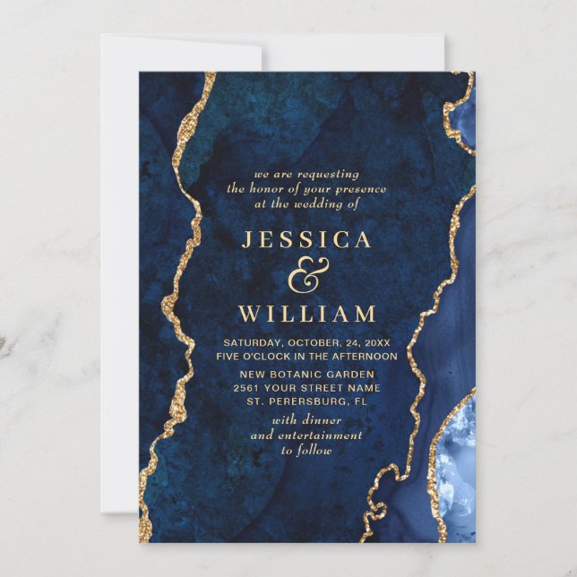 Invitation Marbre bleu marine moderne Mariage d'âge (Devant)