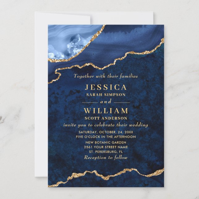 Invitation Marbre bleu marine moderne Mariage d'âge (Devant)