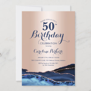 Invitation Marbre bleu marine rose 50e anniversaire
