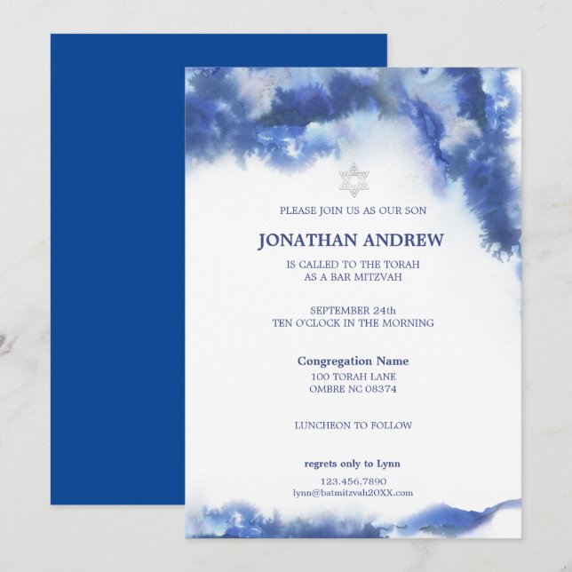 Invitation Marbre bleu moderne Ocean Ombre Bar Mitzvah (Devant / Derrière)