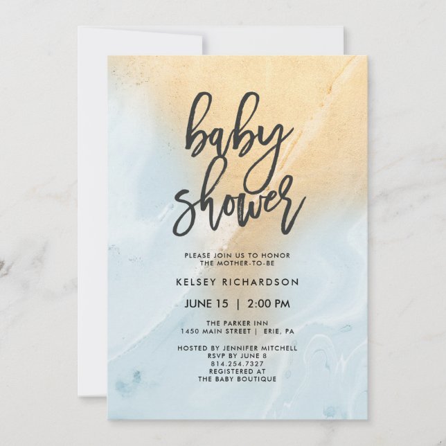 Invitation Marbre bleu pastel et or| Baby shower (Devant)