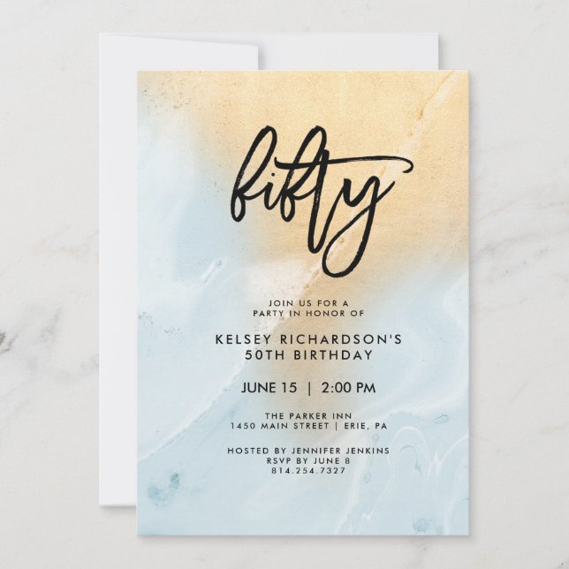 Invitation Marbre bleu pastel et or | Fête du 50e anniversair (Devant)