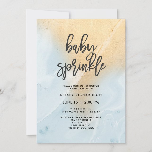 Invitation Marbre bleu pastel et or | Saupoudrer bébé (Devant)