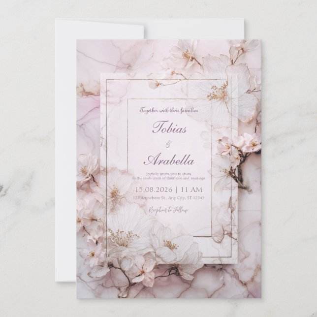 Invitation Marbre Blush Floral Romantique Mariage (Devant)