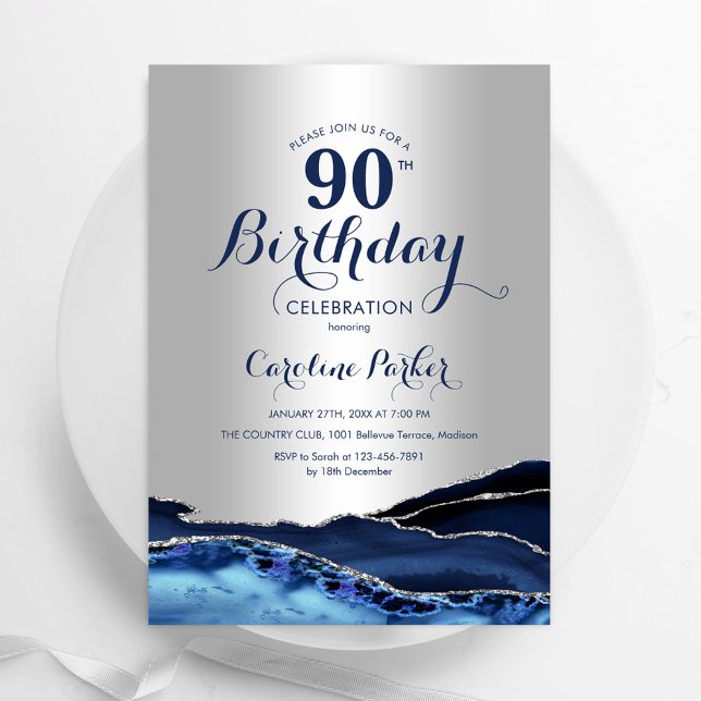 Invitation Marbre d'agate bleu de la marine d'argent 90e anni (Créateur téléchargé)