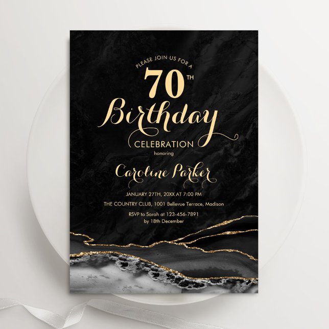 Invitation Marbre d'agate d'or noir 70e anniversaire (Créateur téléchargé)