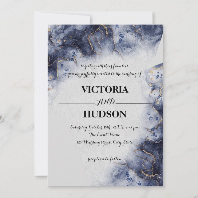 Invitation Marbre d'Agate moderne bleu or (Devant)