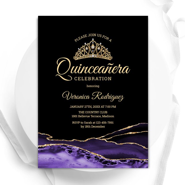Invitation Marbre d'agate noir pourpre or Quinceanera (Créateur téléchargé)