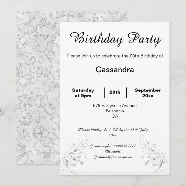 INVITATION MARBRE D'ARGENT ÉLÉGANT BLANC NOIR ANNIVERSAIRE PE (Devant / Derrière)