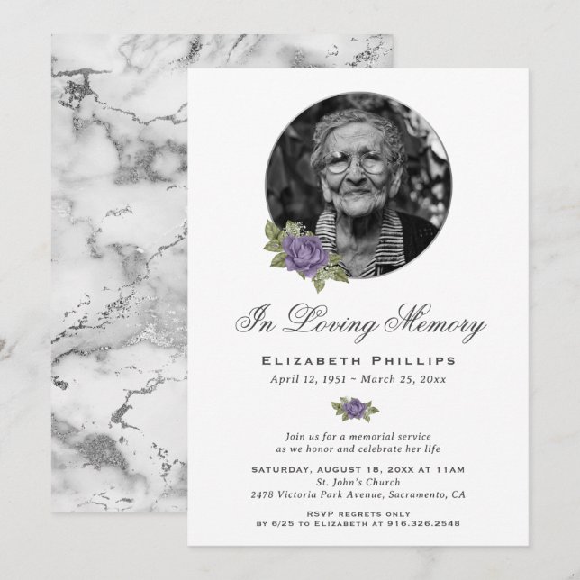 Invitation Marbre d'argent violet Floral Photo Service Memori (Devant / Derrière)