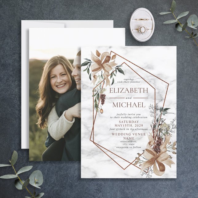 Invitation Marbre de cuivre Photo géométrique Mariage hiverna (Créateur téléchargé)