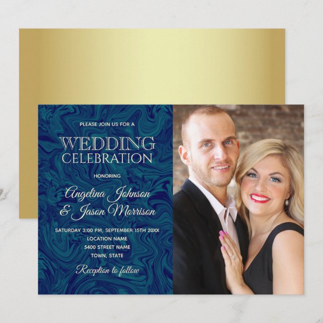 Invitation Marbre de luxe Gold Navy Blue Photo Wedding Invita (Devant / Derrière)