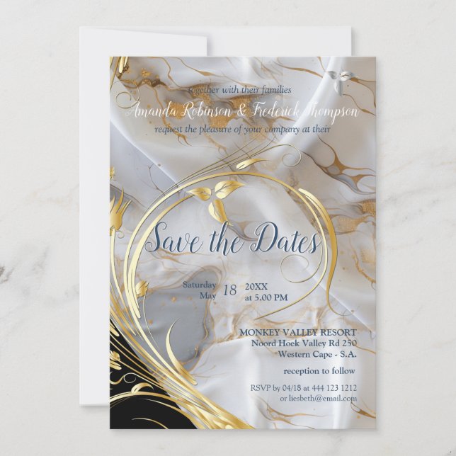 Invitation Marbre d'or blanc et ivoire sur soie (Devant)