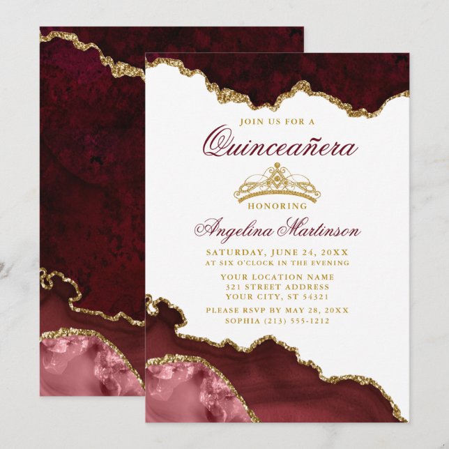 Invitation Marbre d'or de la Couronne de Quinceanera (Devant / Derrière)