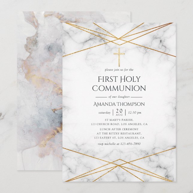 Invitation Marbre d'or Géométrique Première communion sainte (Devant / Derrière)