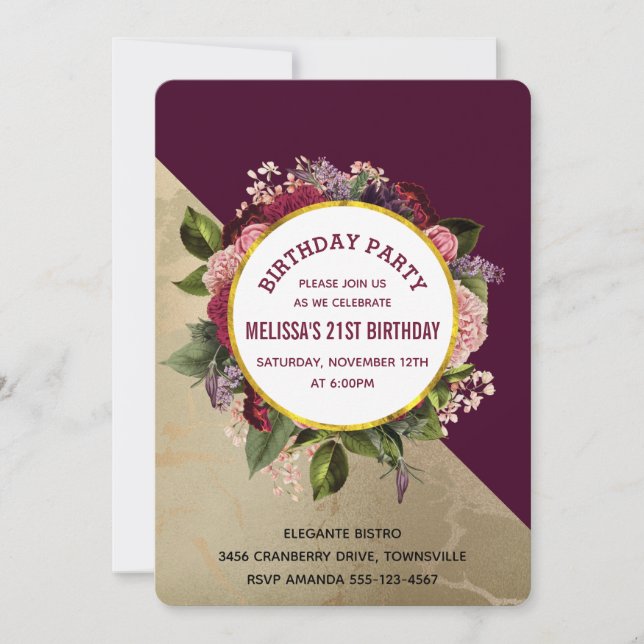 Invitation Marbre d'or Motif et Floral Bourgogne Anniversaire (Devant)