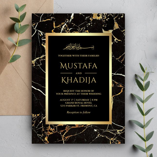 Invitation Marbre d'or noir Faux Gold Foil Mariage islamique (Créateur téléchargé)