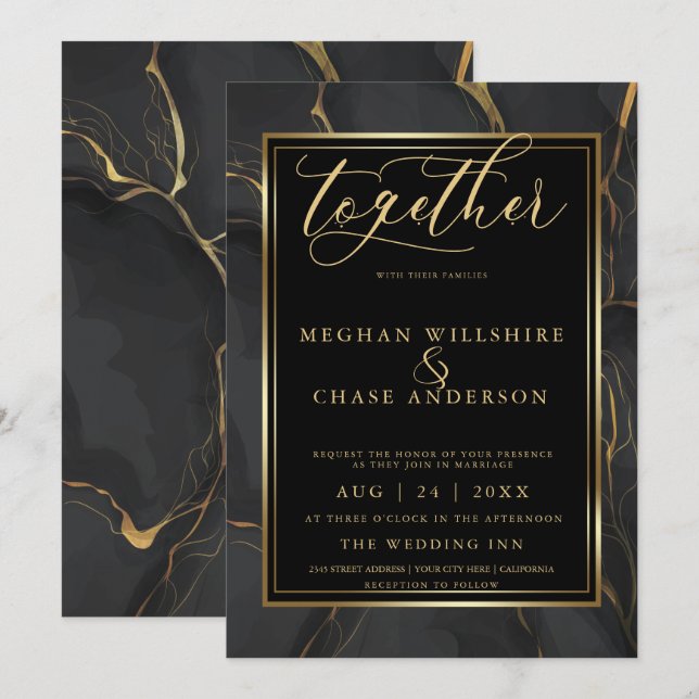 Invitation Marbre d'or noir moderne BarefootBride™ (Devant / Derrière)