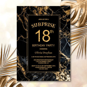 Invitation Marbre d'or noir Surprise 18e fête d'anniversaire