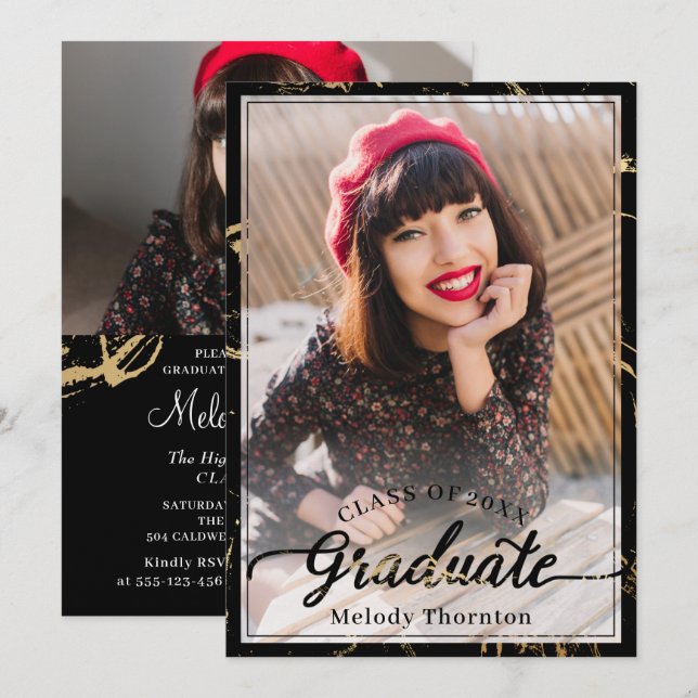 Invitation Marbre d'or noir tendance 2 Photo Graduation Party (Devant / Derrière)