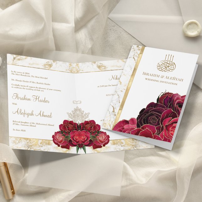 Invitation Marbre d'or Rose de Bourgogne Mariage musulman isl (Créateur téléchargé)