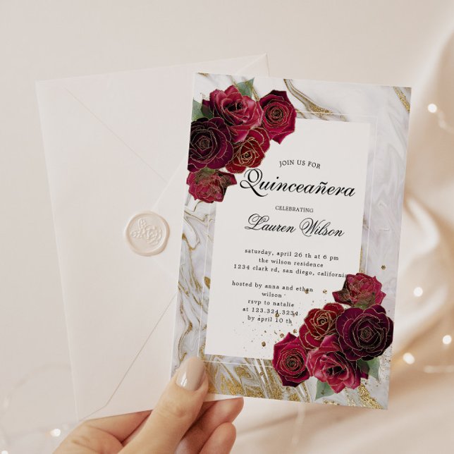Invitation Marbre d'or Roses rouges Quinceanera Florale (Créateur téléchargé)