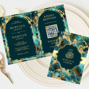 Invitation Marbre d'or Turquoise QR Code Mariage musulman