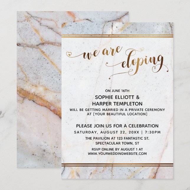 Invitation Marbre doré Nous nous enfuyons Cœurs dorés Calligr (Devant / Derrière)