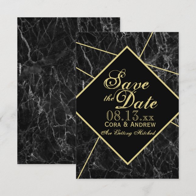 Invitation Marbre et Or Art Déco Géométrique Save the Date (Devant / Derrière)