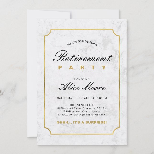 Invitation Marbre et or élégant | Parti de retraite surprise (Devant)