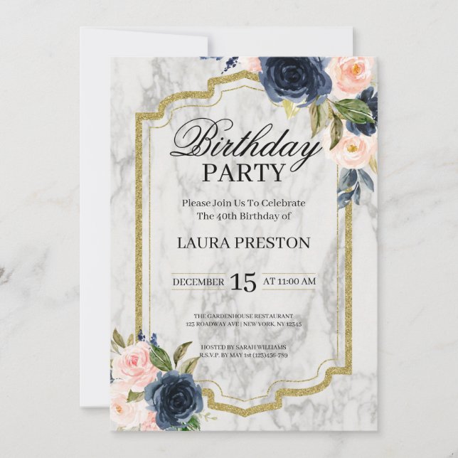 Invitation Marbre floral bleu marine et rose pâle (Devant)