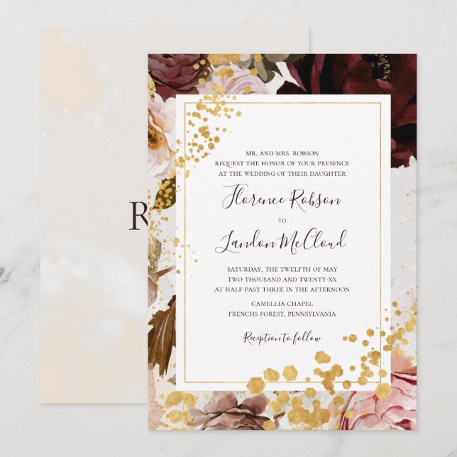 Invitation Marbre floral moderne Mariage traditionnel cadre (Devant / Derrière)
