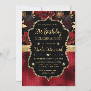 Invitation Marbre floral rouge noir et or 21e anniversaire