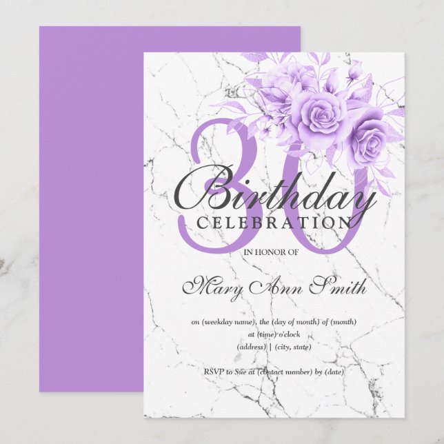 Invitation Marbre floral violet 30e anniversaire de fête (Devant / Derrière)