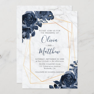 Invitation Marbre Géométrique Bleu Rose Mariage