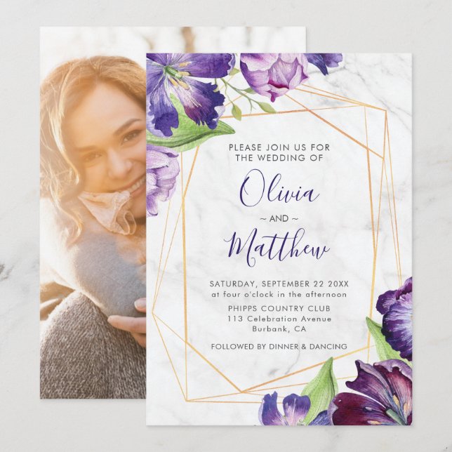 Invitation Marbre Géométrique Gold Purple Tulips Mariage phot (Devant / Derrière)