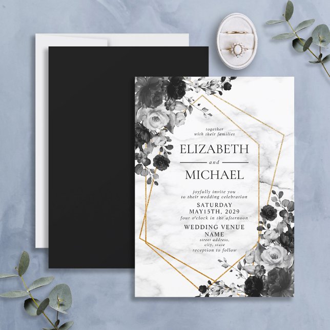 Invitation Marbre géométrique noir blanc Mariage floral (Créateur téléchargé)