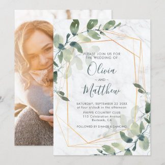 Invitation Marbre Géométrique Or Eucalyptus Mariage photo