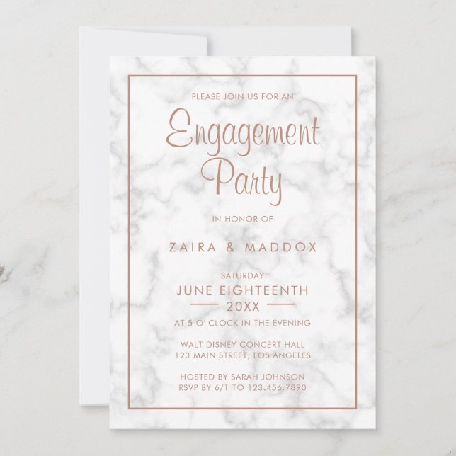 Invitation Marbre gris moderne avec Rose Gold Engagement Part (Devant)