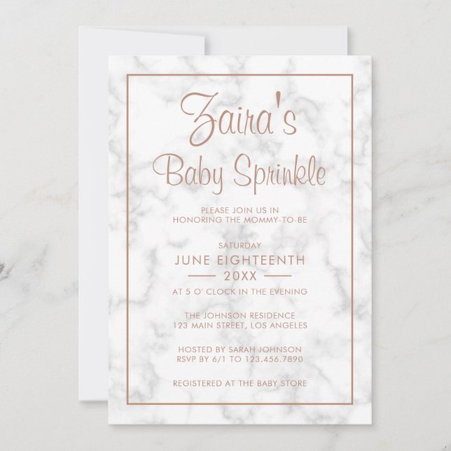 Invitation Marbre gris moderne Rose or fille bébé arrosage (Devant)