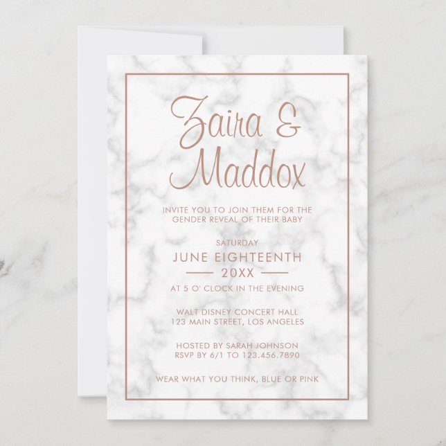 Invitation Marbre gris moderne Rose or Script Genre Révélatio (Devant)