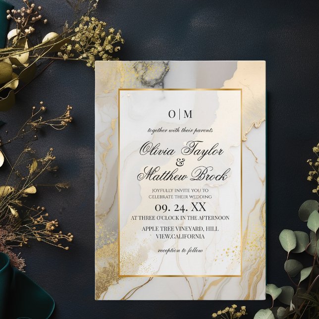 Invitation Marbre moderne Beige gris et or Mariage (Créateur téléchargé)