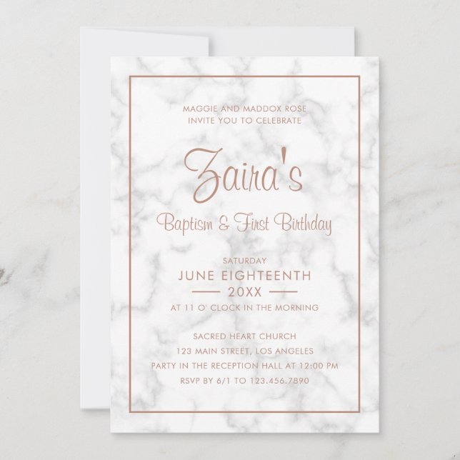 Invitation Marbre moderne Rose or Baptême premier anniversair (Devant)