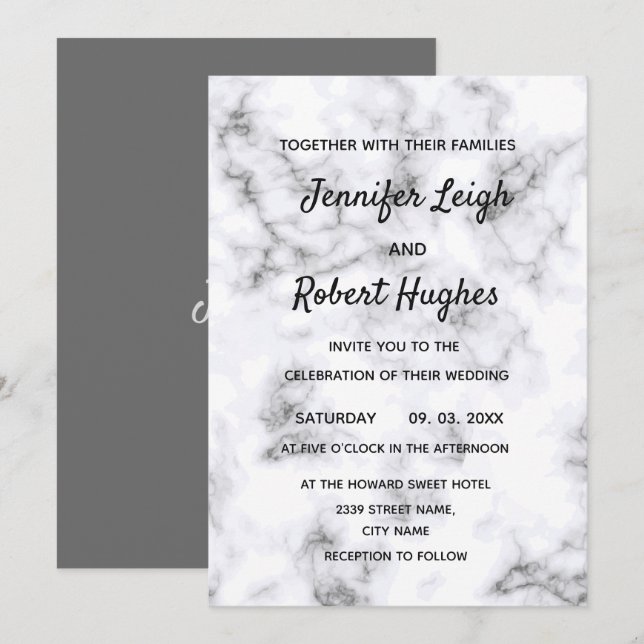Invitation Marbre noir et blanc mariage (Devant / Derrière)