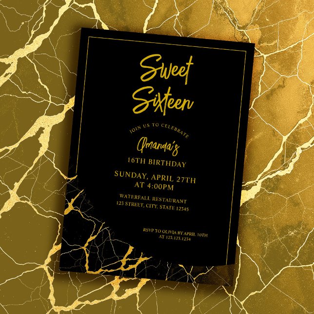 Invitation Marbre noir et or Gratuit 16 Anniversaire (Créateur téléchargé)