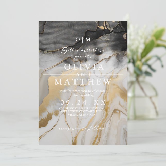 Invitation Marbre noir et or Mariage photo (Debout devant)