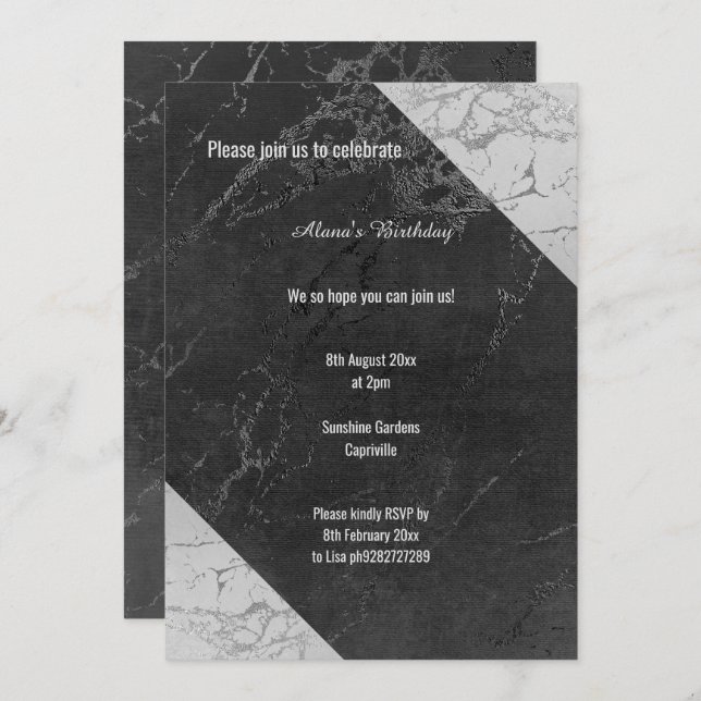 INVITATION MARBRE NOIR GRAY SPLIT TOUTE OCCASION ANNIVERSAIRE (Devant / Derrière)