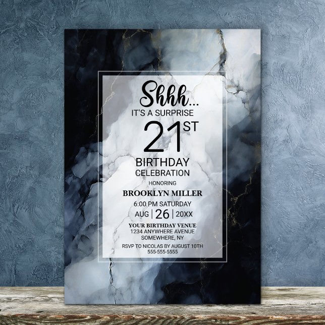 Invitation Marbre noir moderne Surprise 21ème anniversaire (Créateur téléchargé)