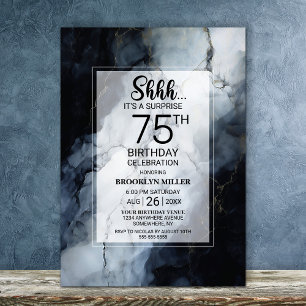 Invitation Marbre noir moderne Surprise 75ème anniversaire fê