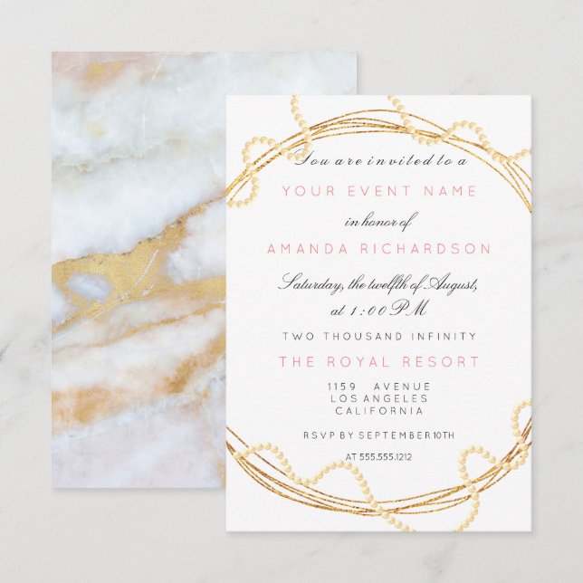 Invitation Marbre nuptial floral Anniversaire Or perles blanc (Devant / Derrière)